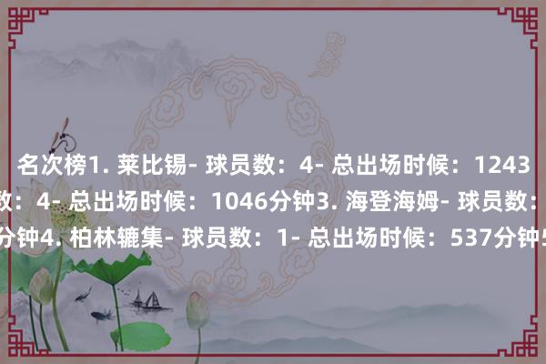 名次榜1. 莱比锡- 球员数：4- 总出场时候：1243分钟2. 霍芬海姆- 球员数：4- 总出场时候：1046分钟3. 海登海姆- 球员数：1- 总出场时候：757分钟4. 柏林辘集- 球员数：1- 总出场时候：537分钟5. 法兰克福- 球员数：3- 总出场时候：227分钟6. 沃尔夫斯堡- 球员数：1- 总出场时候：180分钟7. 拜仁- 球员数：2- 总出场时候：122分钟8. 波鸿- 球